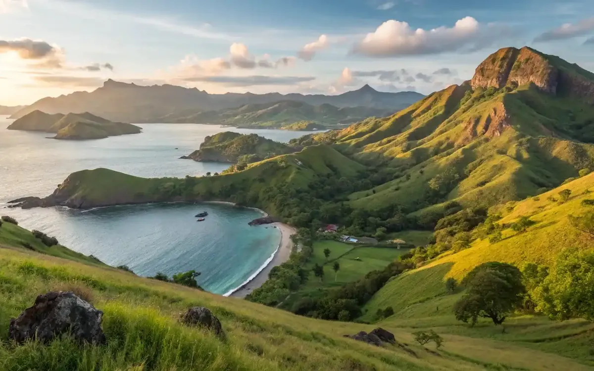 Aerial view of green Flores headlands wrapping a calm bay, with a boat anchored off a small beach