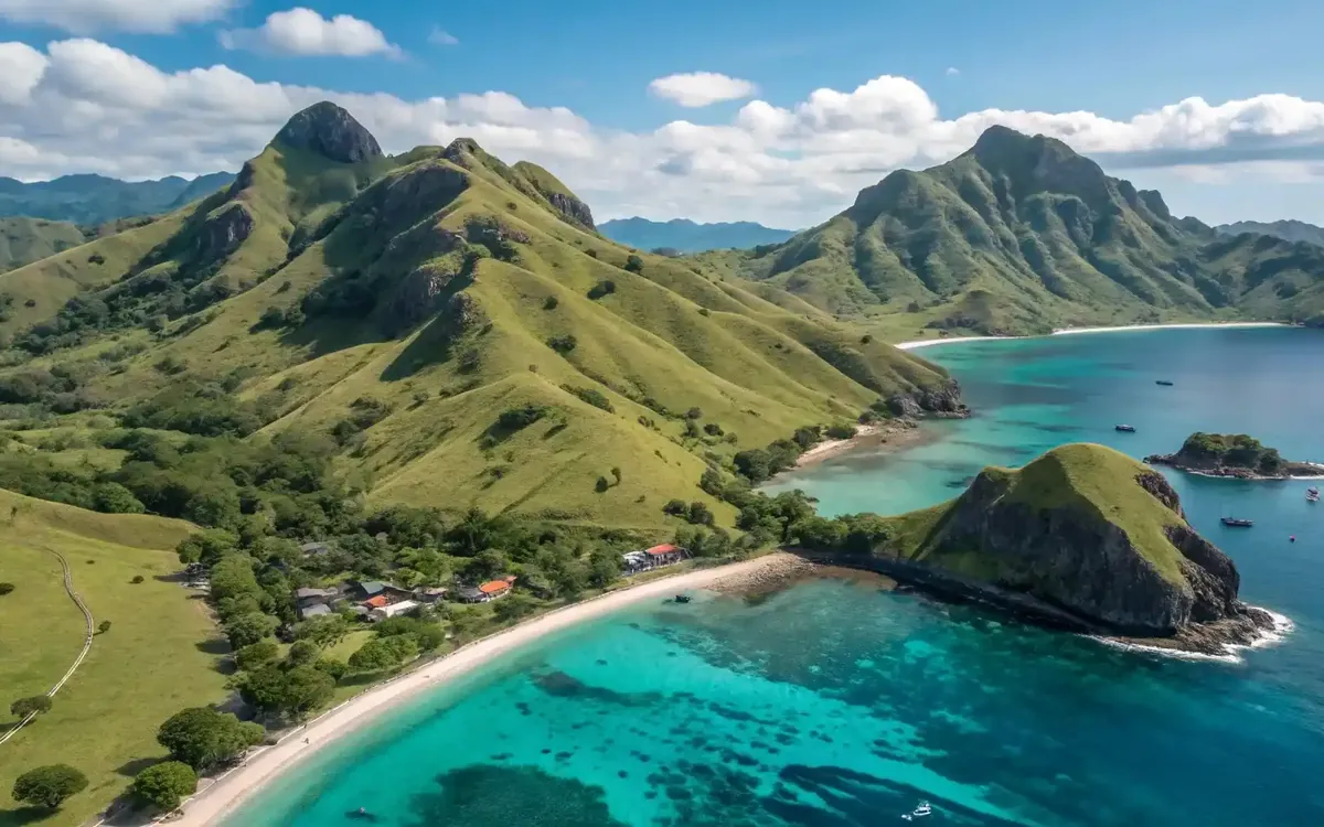 Aerial view of green Flores islands around a turquoise bay, with a white sand beach and boats at anchor