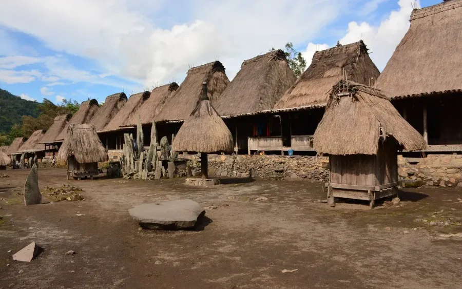 Thatched Ngada houses and megalithic standing stones on the packed earth of Bena village, west of Bajawa