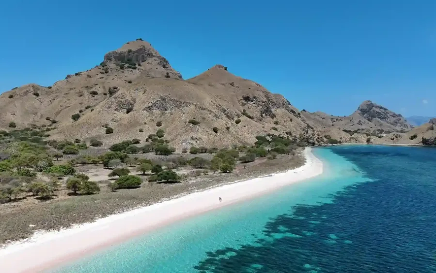 Aerial view of the pale pink sand crescent of Pink Beach against turquoise shallows in Komodo National Park