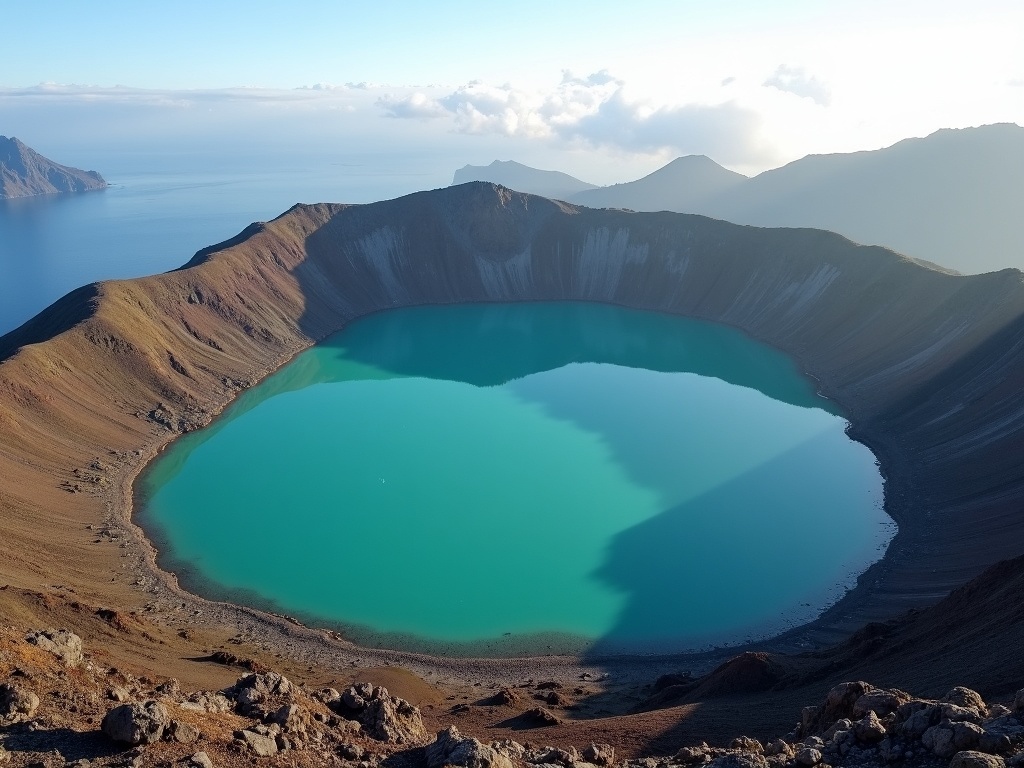 AI-generated illustration: colour-shifting volcanic crater lakes at dawn