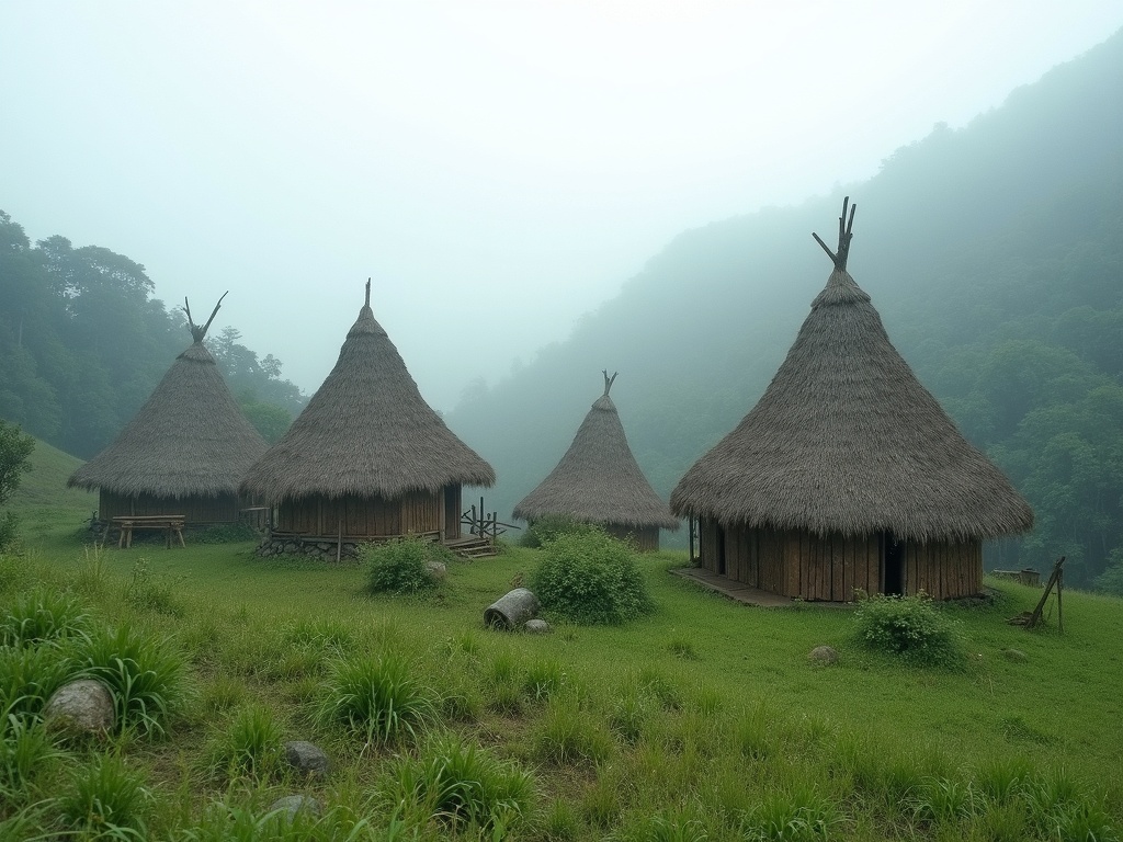 AI-generated illustration: a cluster of conical thatched houses standing in highland mist