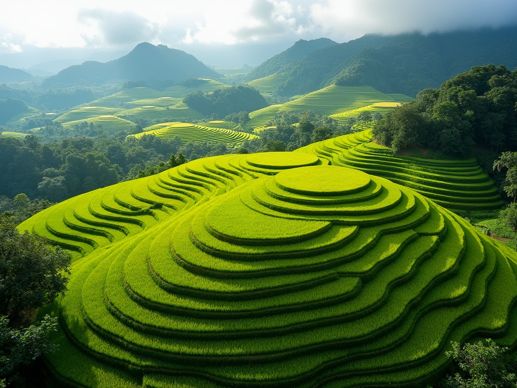 AI-generated illustration: terraced highland rice fields following concentric contour lines across a ridge