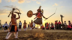 Performers of the Manggarai caci whip dance in West Flores
