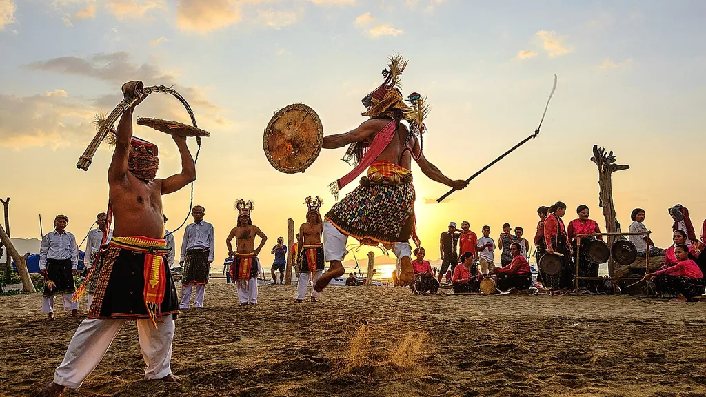 Performers of the Manggarai caci whip dance in West Flores