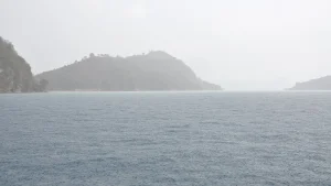 Heavy rain over the sea on the return crossing to Labuan Bajo